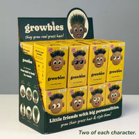 A pack of 16 Growbies grass head dolls — the full crew, two of each character