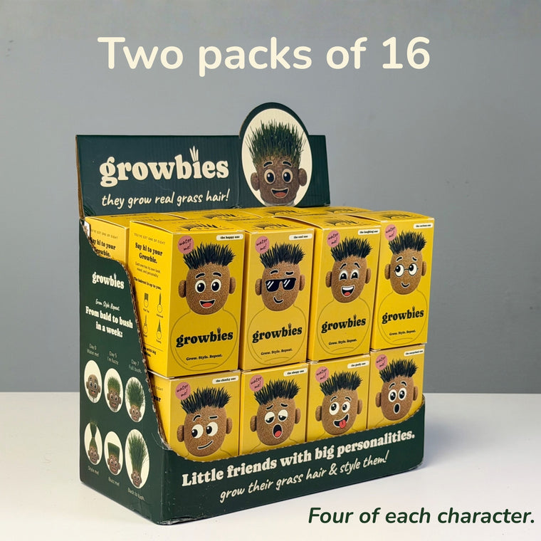 Two packs of 16 Growbies — four of each character