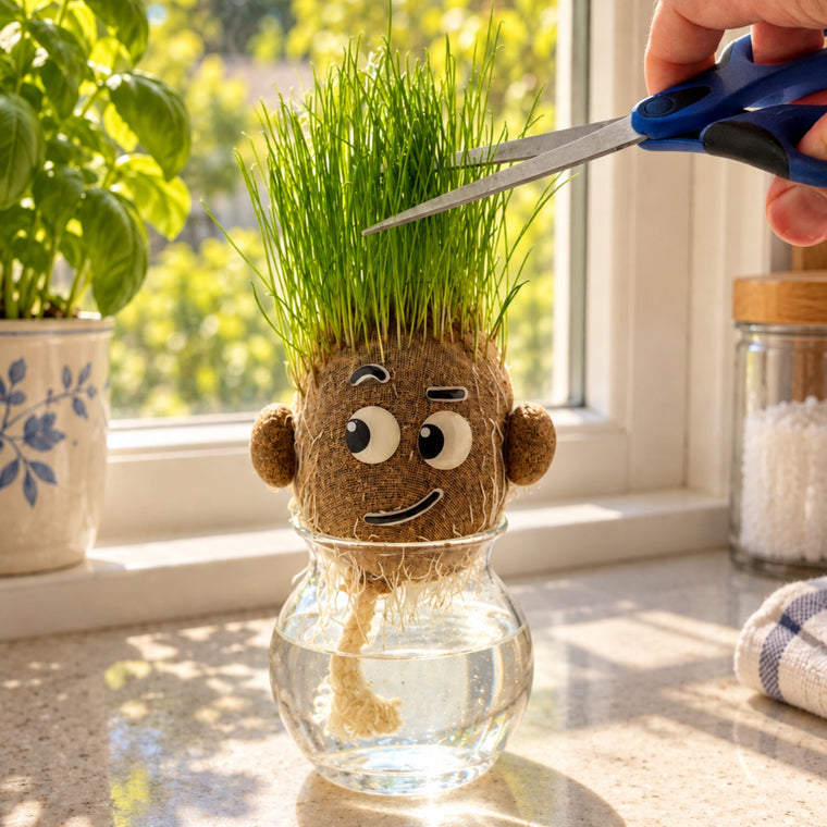 Trimming a Growbie's grass hair with scissors on a sunny windowsill