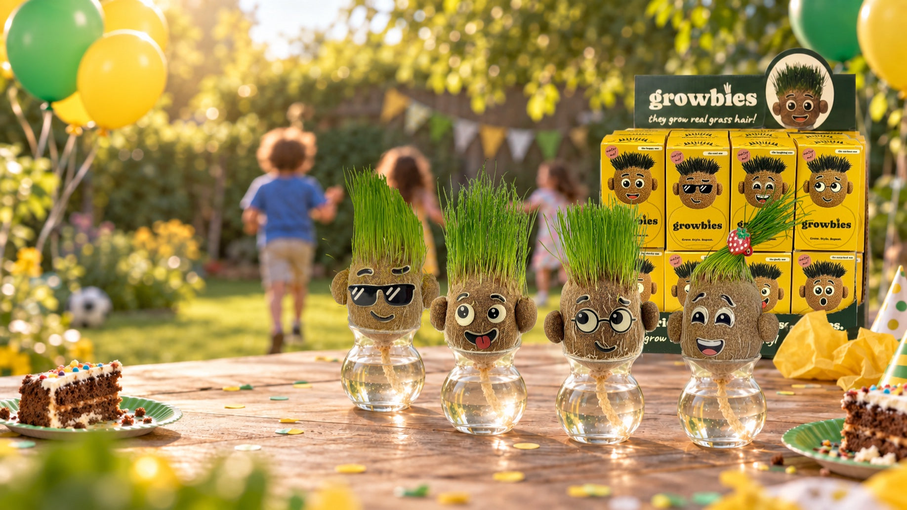 Growbies with real grass hair on a party table