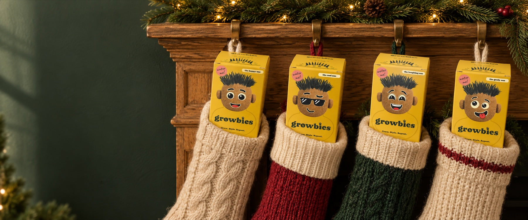 Four Growbies boxes tucked into Christmas stockings on a mantel